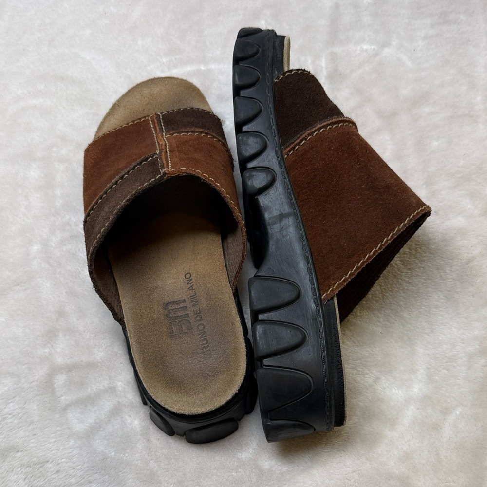 ⭐️Bruno de Milano brown leather platform slides lug sole patched suede sz 7.5
